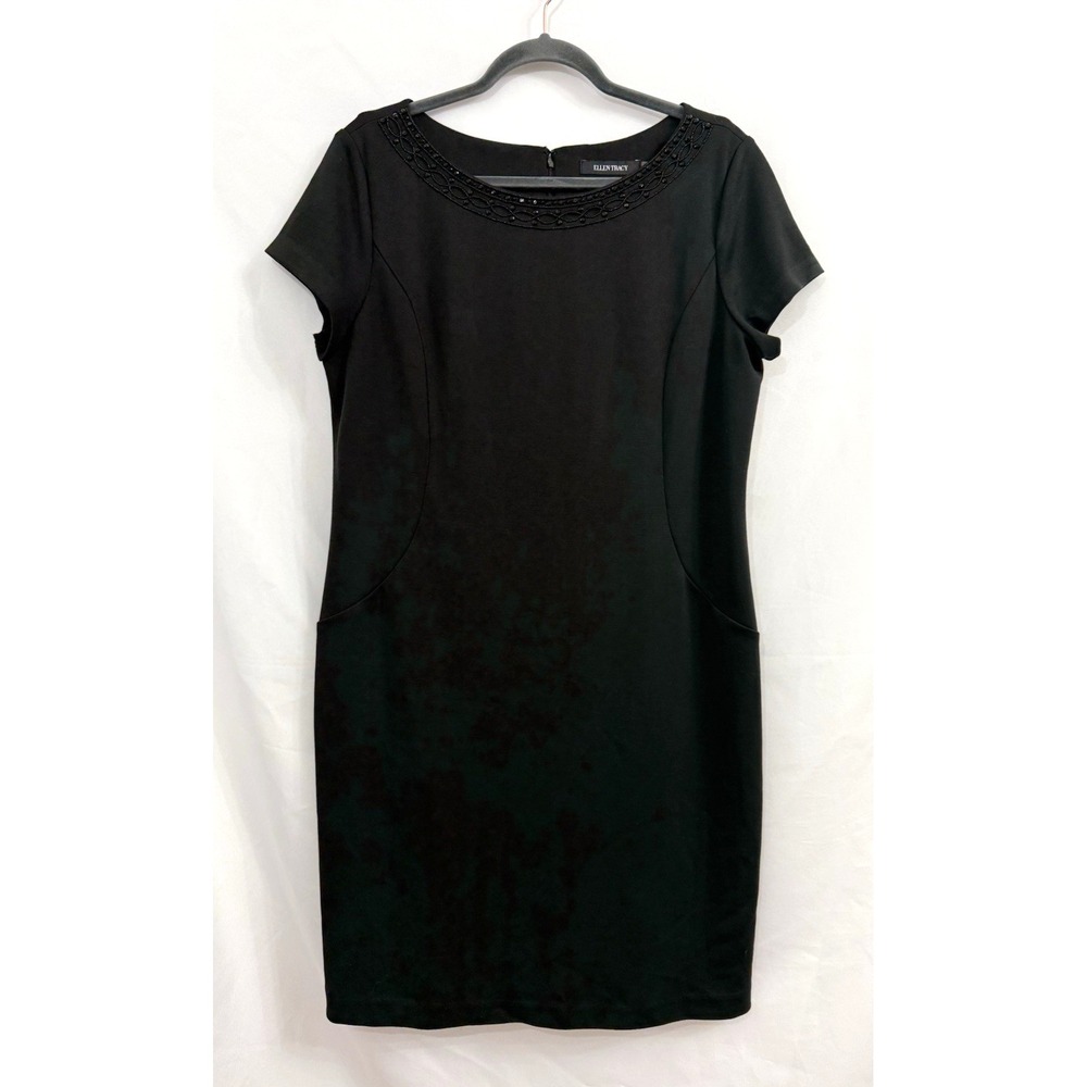 Ellen Tracy Black Beaded Neckline Sheath Dress Cap Sleeve Lined Womens Size 14